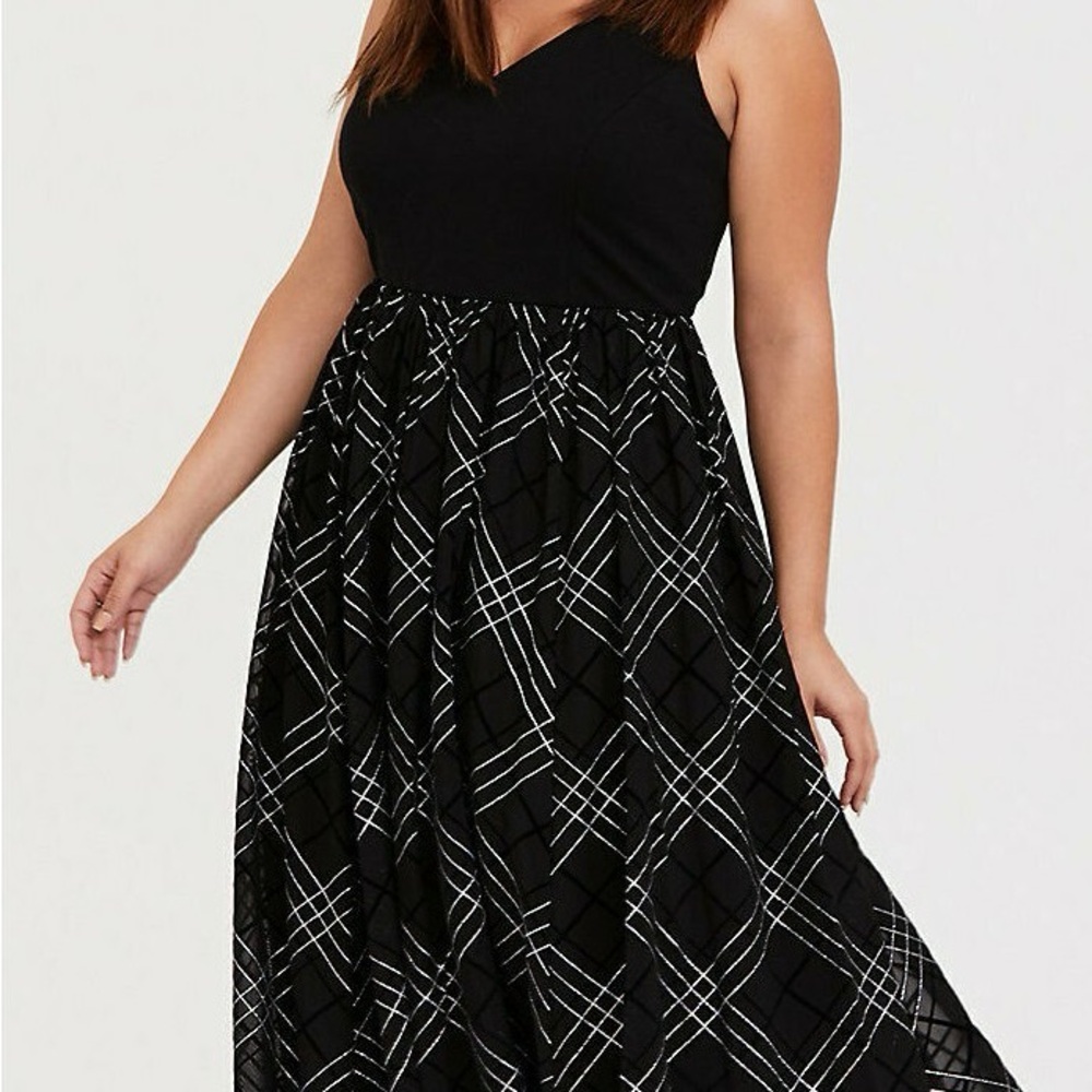 Torrid Ponte Mesh Plaid Midi Dress Black Glitter 16